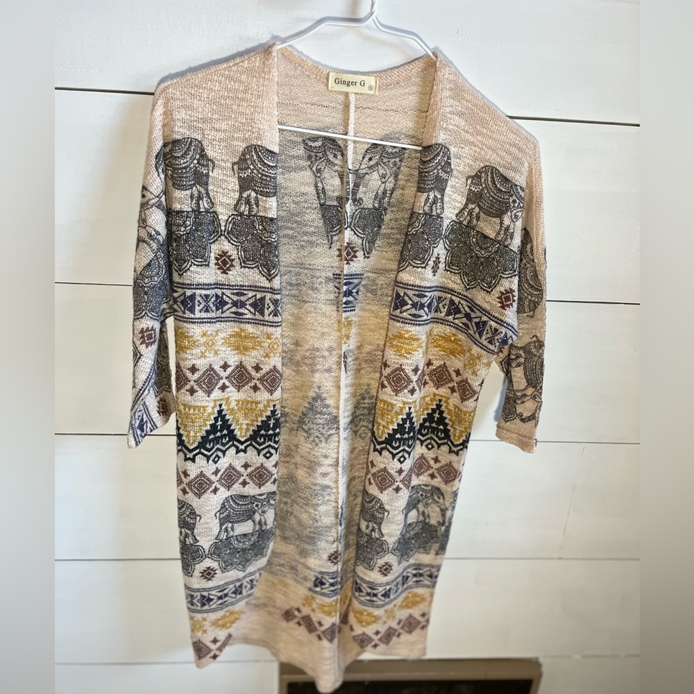 Ginger G Beige Open-Front Elephant Print Cardigan